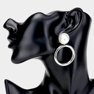 Silver Pearl Circle Metal Dangle Hoop Earrings